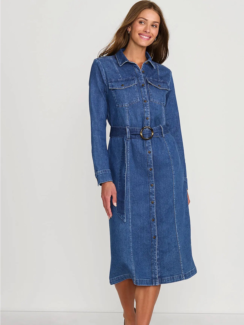 Button-Front Denim Shirt Dress With Belt - Blue